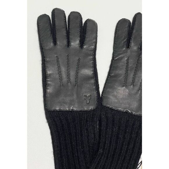 Frye Leather Patch Long Knit Wool Gloves Frye Stamped Logo Black Small / Medium - Picture 7 of 7